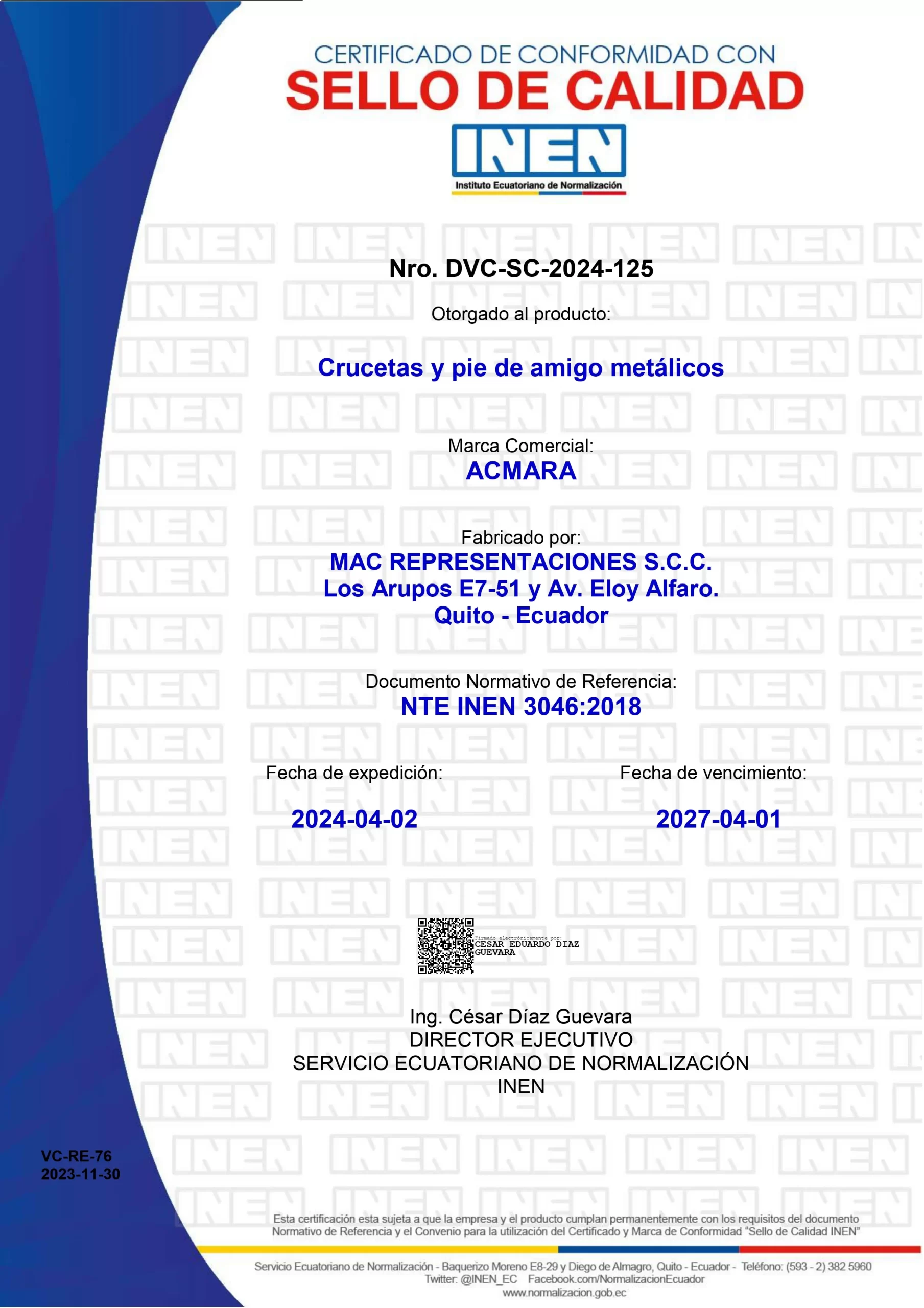 Certificado INEN Pie amigo y crucetas MAC Representaciones