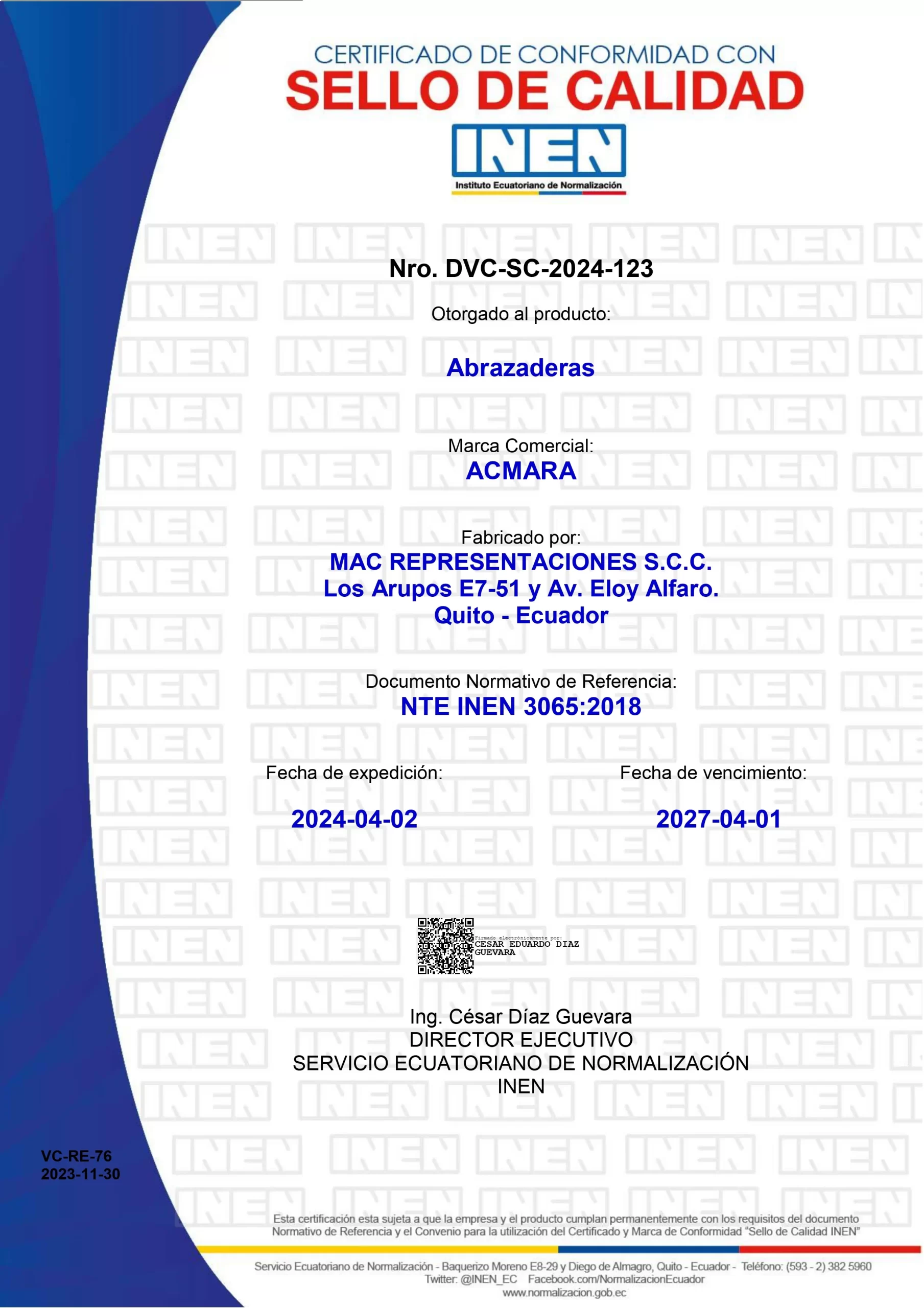 Certificado INEN abrazaderas MAC Representaciones