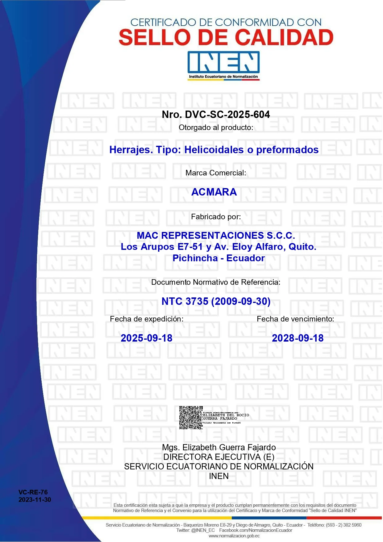 Certificado INEN Pie amigo y crucetas MAC Representaciones